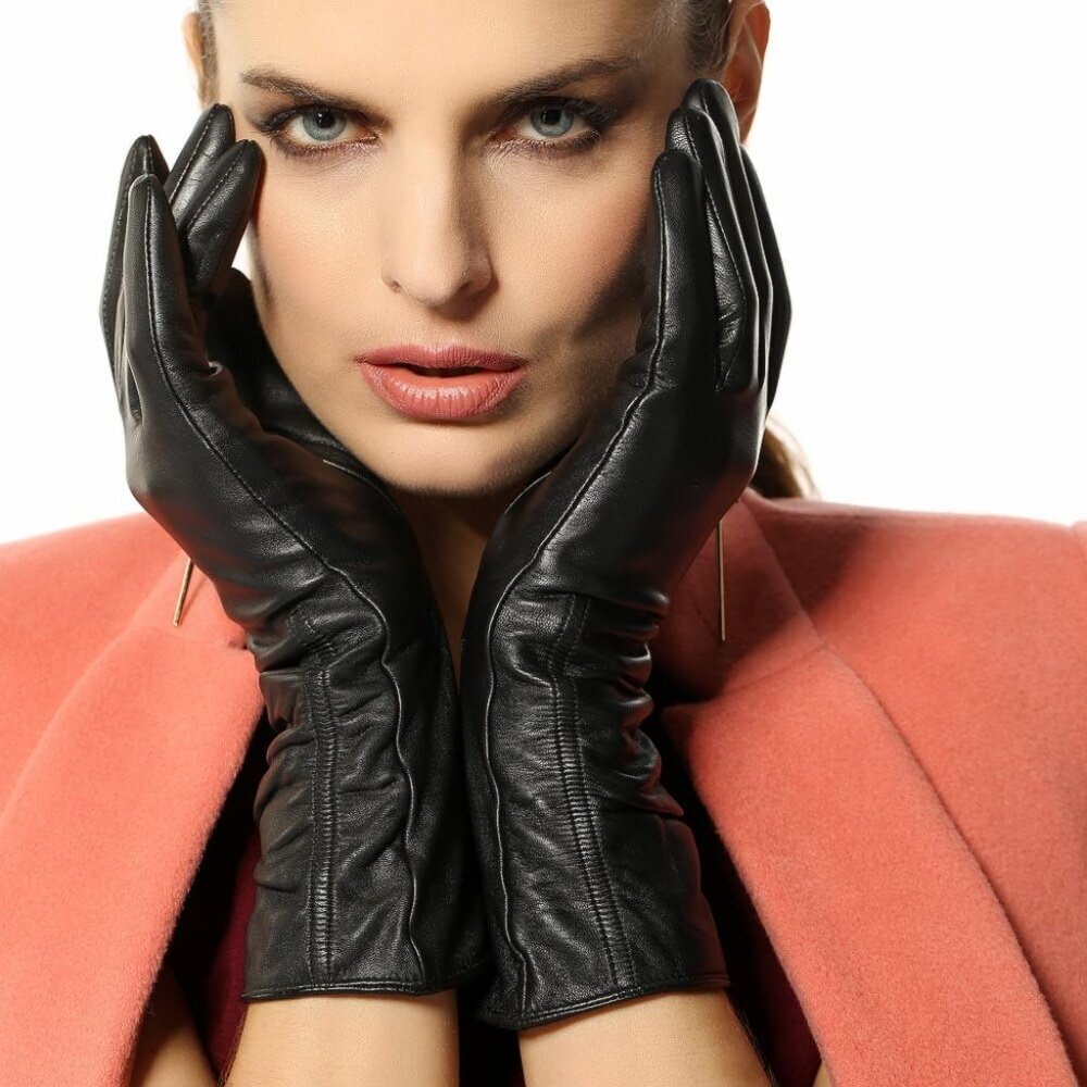 Women's Black Lambskin Leather Touchscreen Gloves Winter Lined Long Sleeve